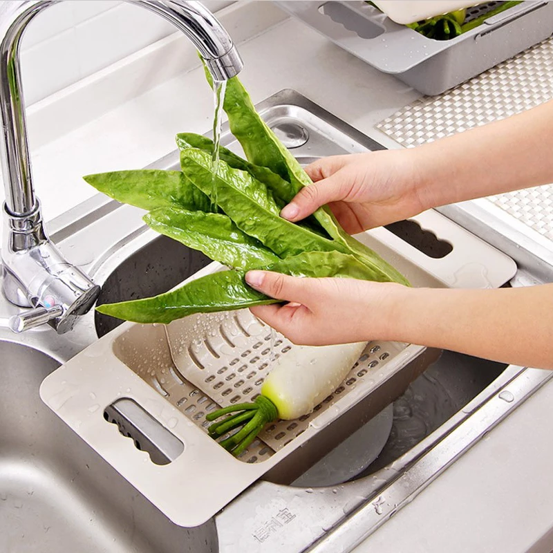 Plastic Retractable Drain Basket Multifunctional Fruit Vegetable Washing Drying Rack Over Sink Kitchen Storage | Дом и сад
