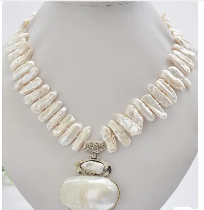 

Genuine Natural 25mm WHITE biwa dens freshwater pearl necklace mabe pendant Beads Jewelry silver Exquisite