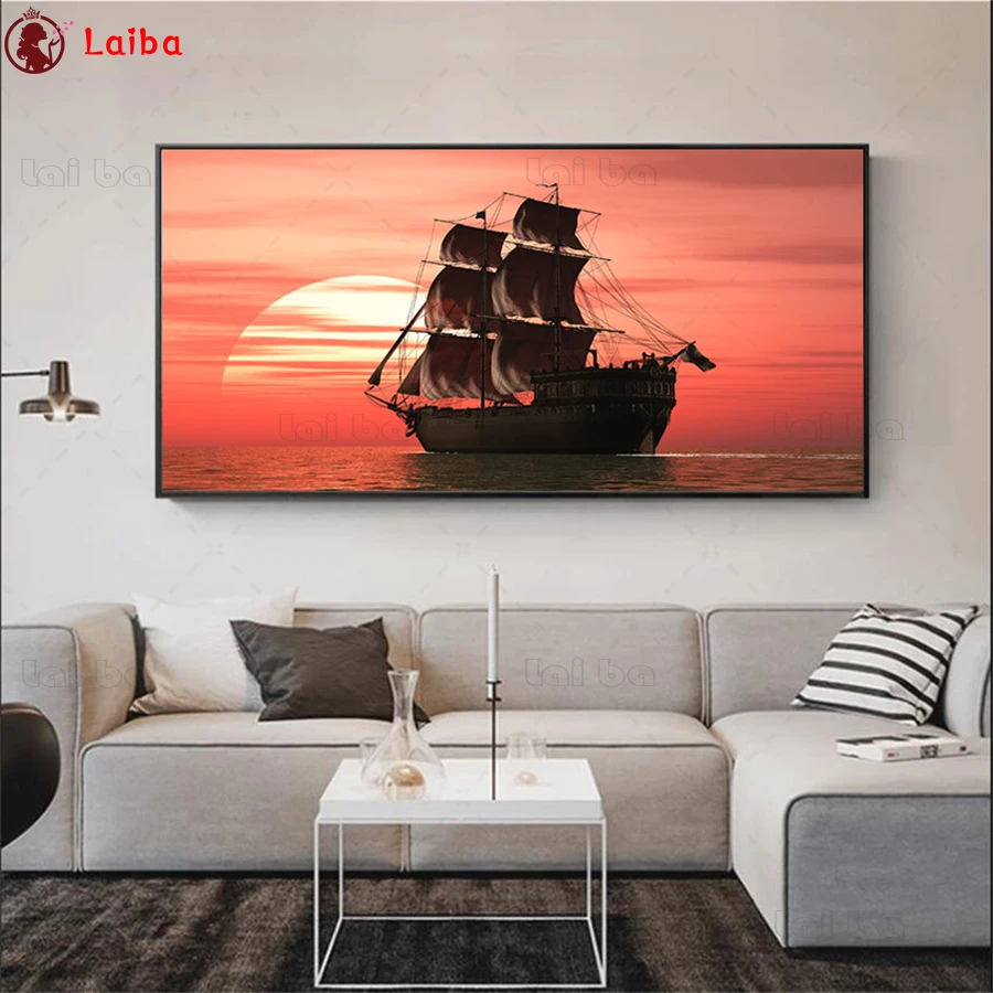 

diy Diamond Painting Sunset scenery, sailing boat 5D diamond mosaic full square drill diamond embroidery cross stitch picture