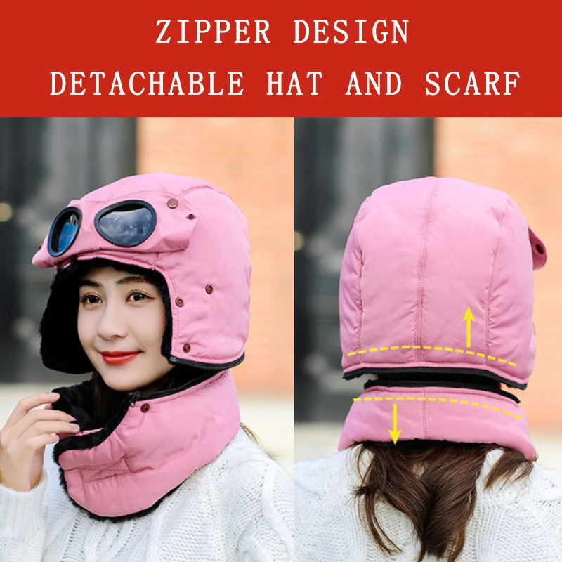 

New Winter Bomber Hats Plush Earflap Russian Trapper Ushanka with Glasses Men Women Pilot Faux Leather Fur Hat Snow Caps
