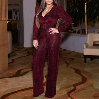 Женский Блестящий комбинезон с поясом длинный однотонный широкими штанинами и