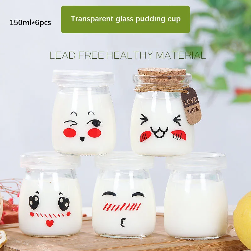 

6pcs 150ml Pudding Jelly jam Lovely Bottle Glass Heat-resistant Yogurt Containers Milk Cup Jelly Jar Home Shop Random Pattern