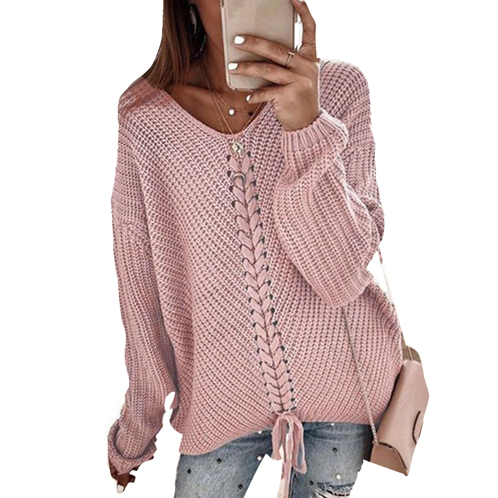 Warm Dating Drawstring Casual Long Sleeve Loose Soft Daily Women Sweater V Neck Solid Fall Travel Shopping | Женская одежда