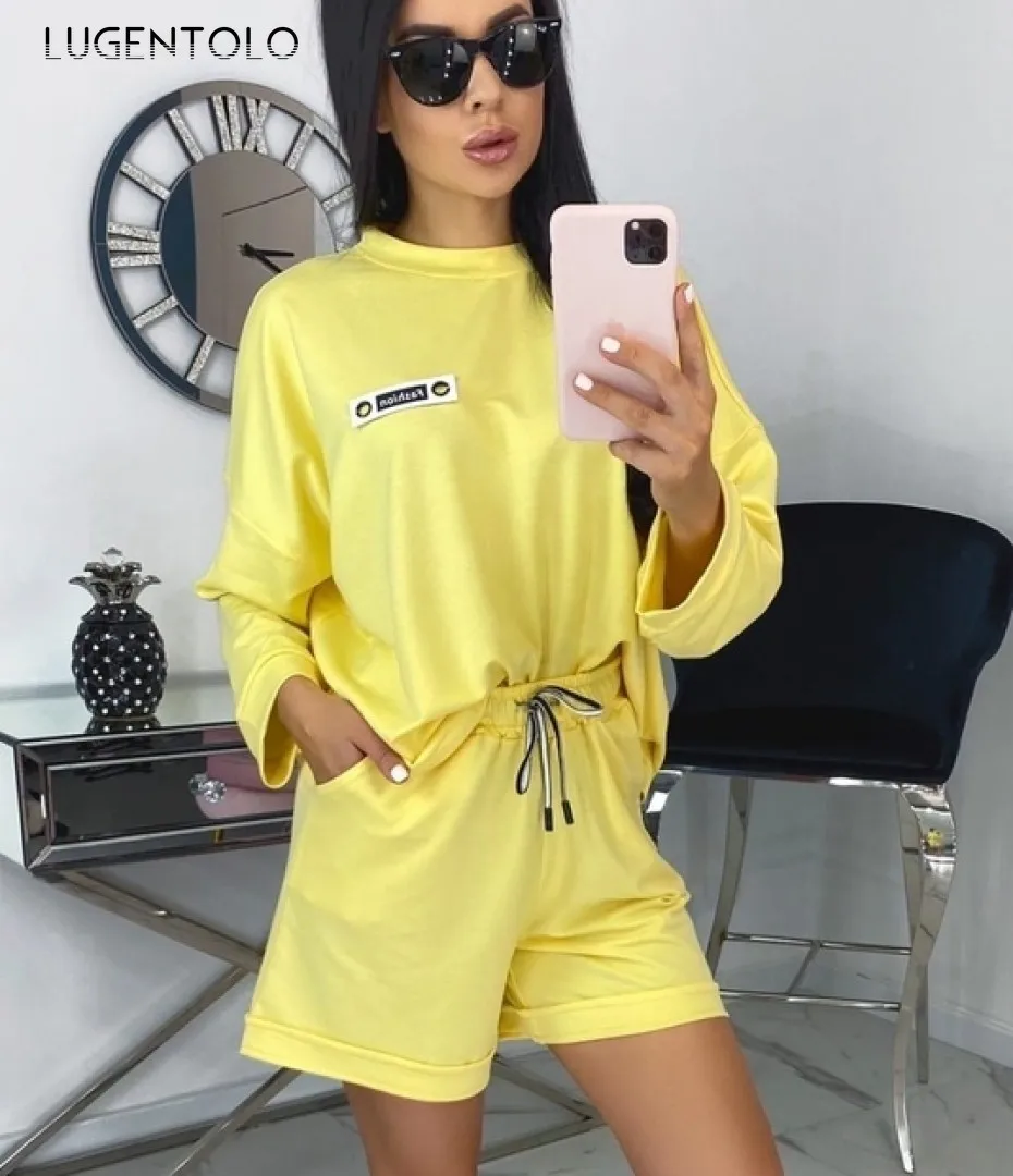 

Lugentolo Женский комплект из 2 предметов с длинным рукавом с круглым вырезом Летние повседневные спортивные топы эластичные прямые шорты со шн...