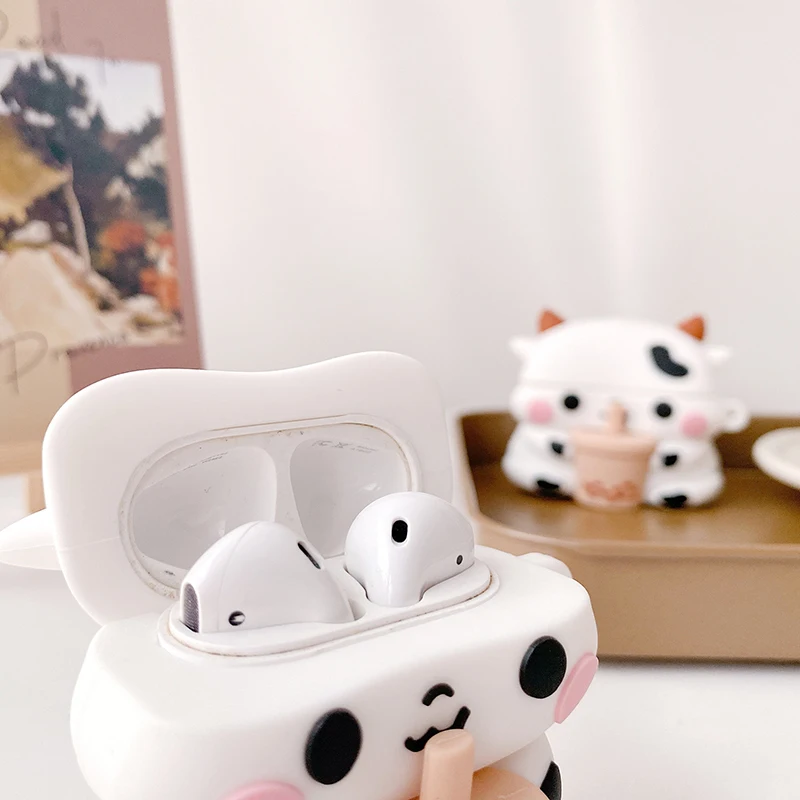 Симпатичный чехол для AirPods 1 2 Pro мультяшный 3D бычьего рогатого скота молока чая