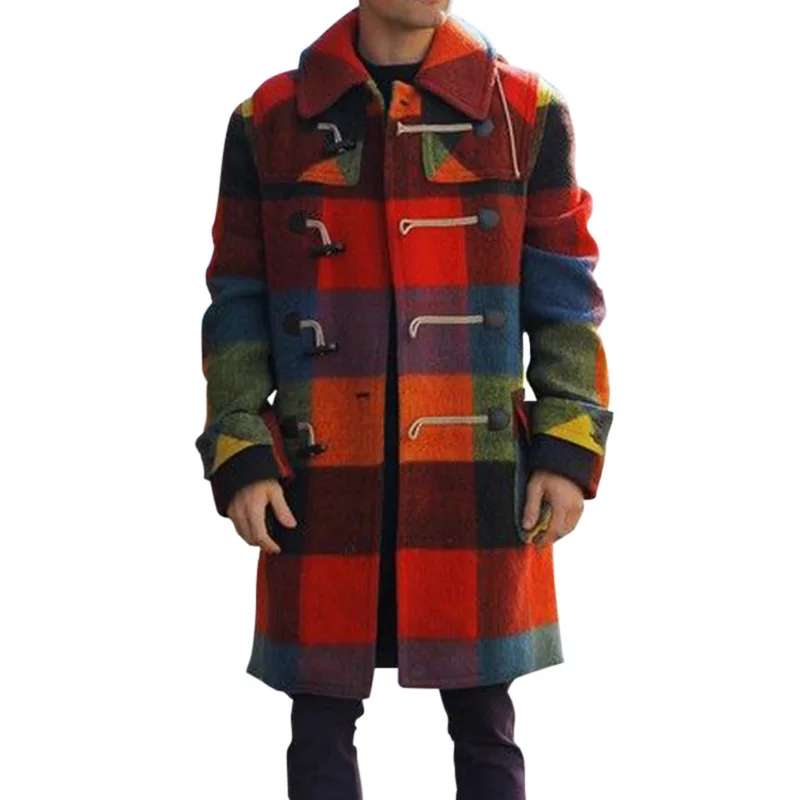 

Horn Button Long Wool Coat Men Color Block Mens Overcoat Casual Slim Fit Streetwear Jackets Coats Hommes Veste Chaqueta Hombre