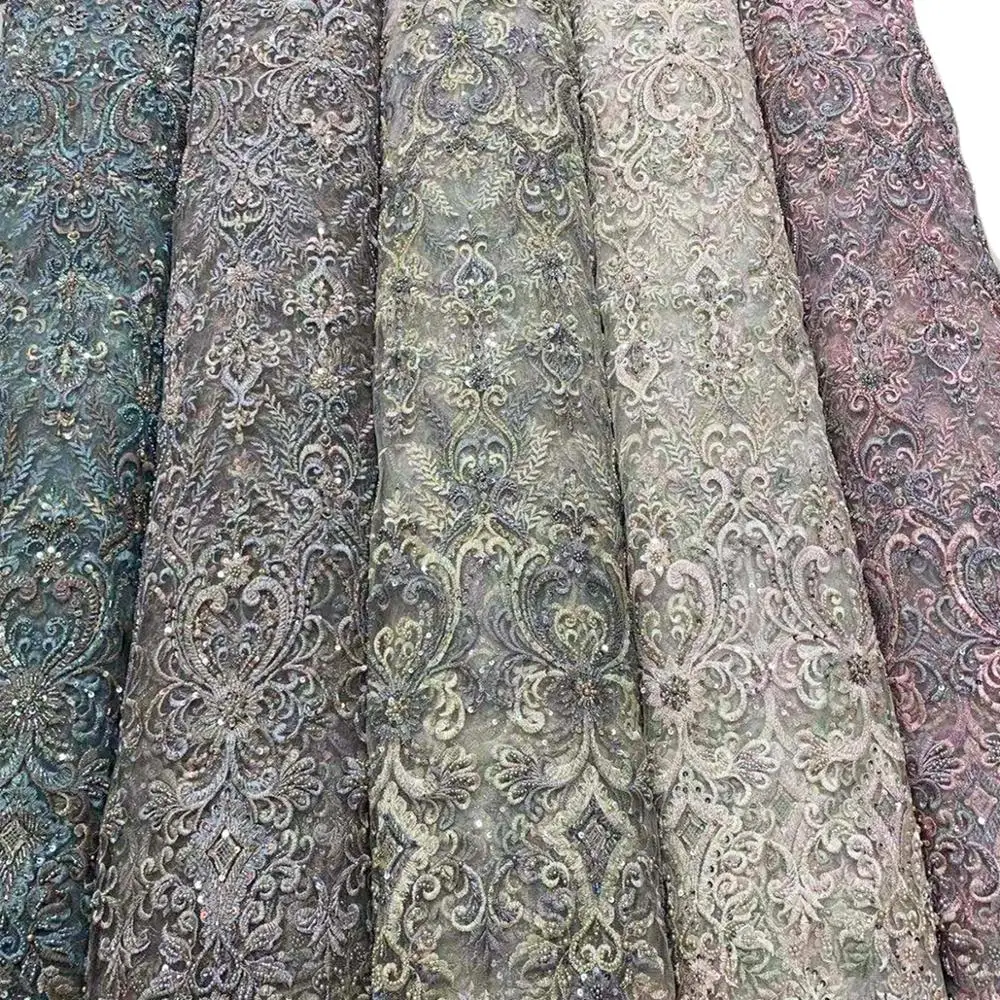 

Exquisite Peacock Blue Handmade Beaded Lace Fabric 5 Yards For Party Dresses Women Luxury African Embroidered Sequins Mesh Tulle