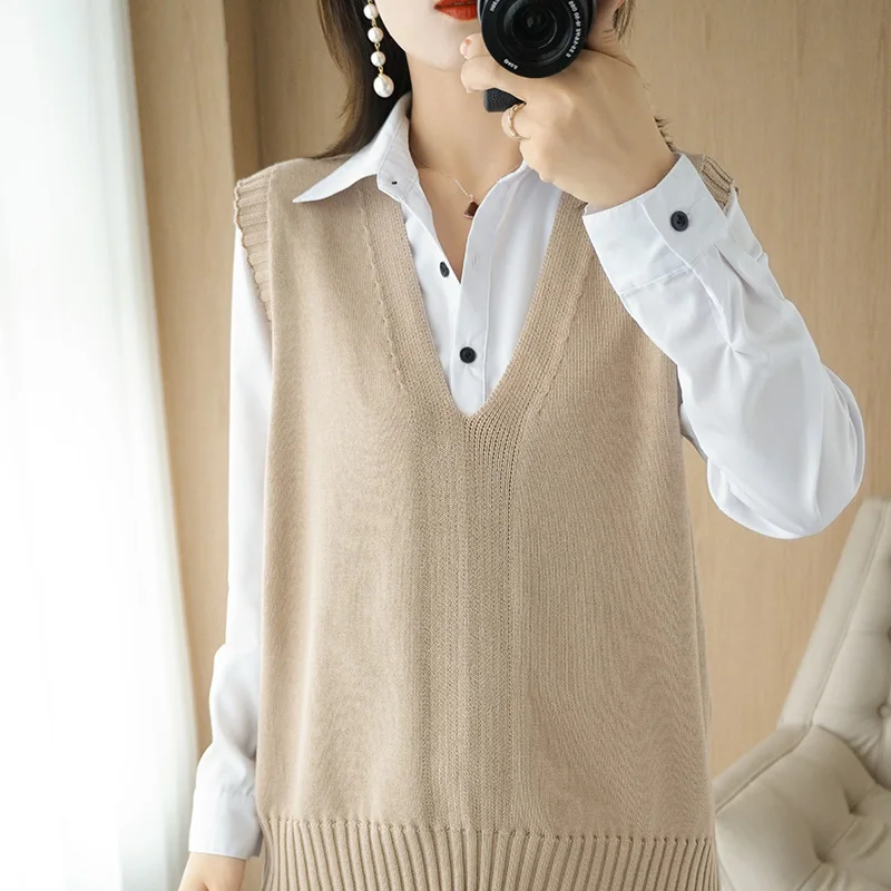 

LHZSYY 2020 Four seasons Warm knitted vest Women's Cotton line Waistcoat Pure Cotton Vest outer wear short loose V-neck Sweater