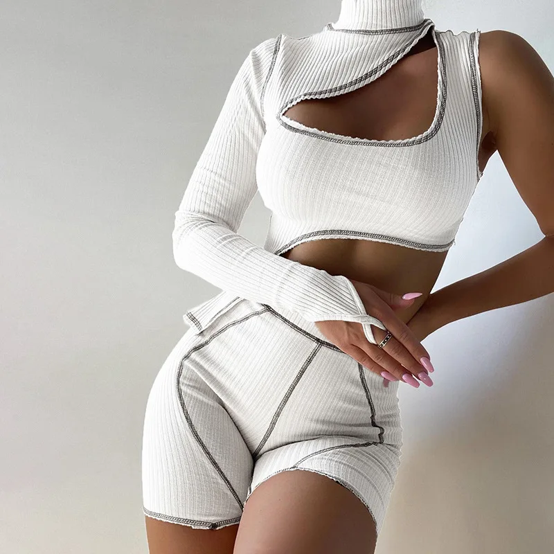 

Sexy Two Piece Set Women Irregular One Sleeve Turtleneck Hollow Out Top Skinny Shorts Matching Set Female Streetwear Outfits