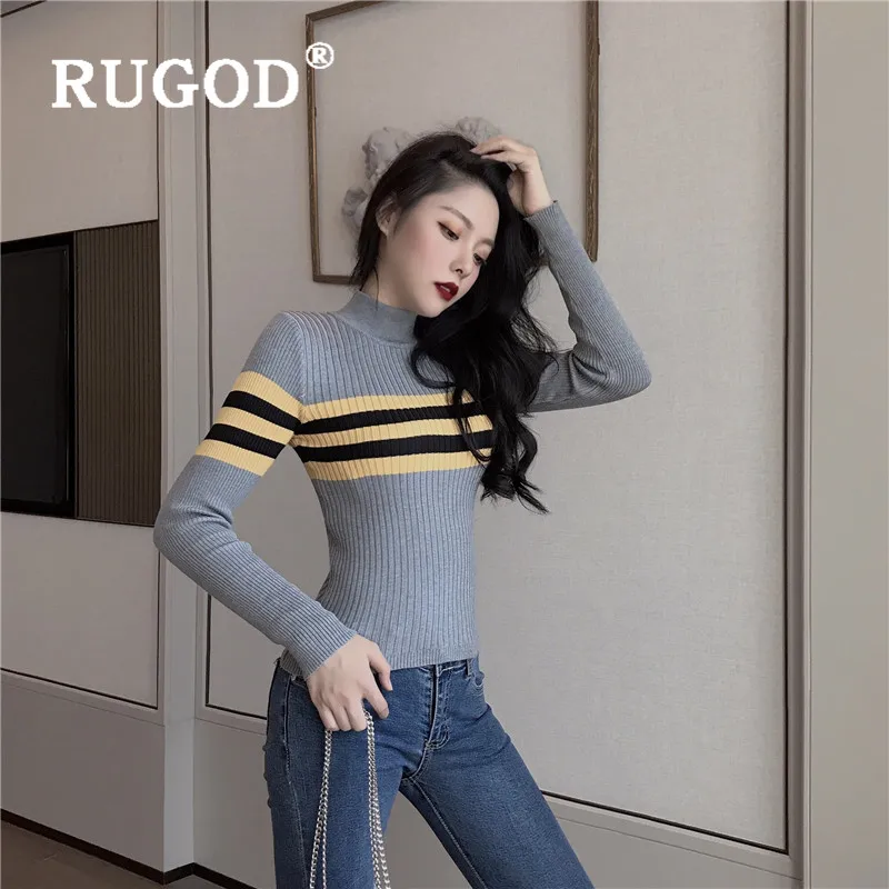 RUGOD 2019 Новый контрастный цвет полосатый Женский свитер с высоким воротником