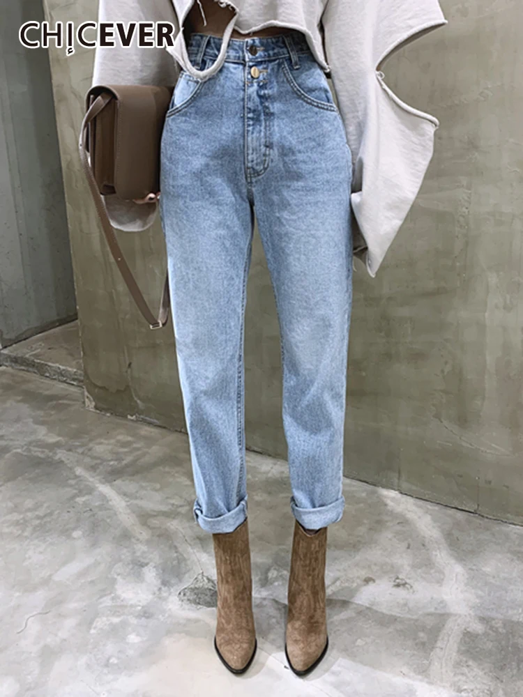 

CHICEVER Patchwork Pockets Casual Plain Jeans Female High Waist Loose Ankle Length Straight Denim Pants For Women 2022 Clothing