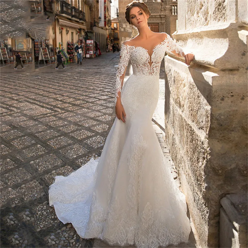 

Женское кружевное платье с юбкой годе, прозрачное облегающее платье с длинными рукавами и аппликацией на пуговицах сзади, платье невесты
