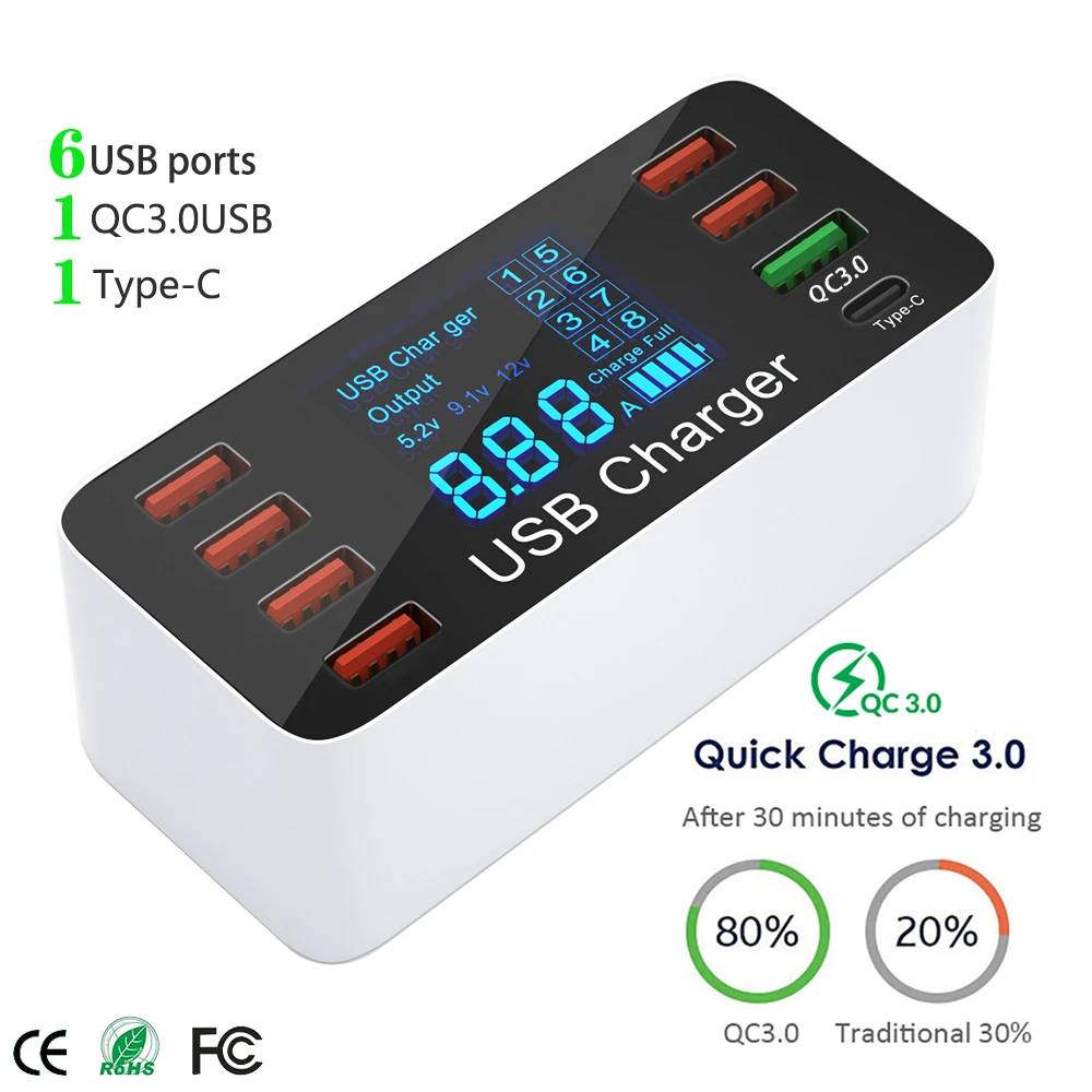 

USB зарядное устройство 8 порты быстрой зарядки QC 3,0 быстрой зарядки на борту самолета Type C умное устройство для зарядки станции для iPhone, Xiaomi, ...