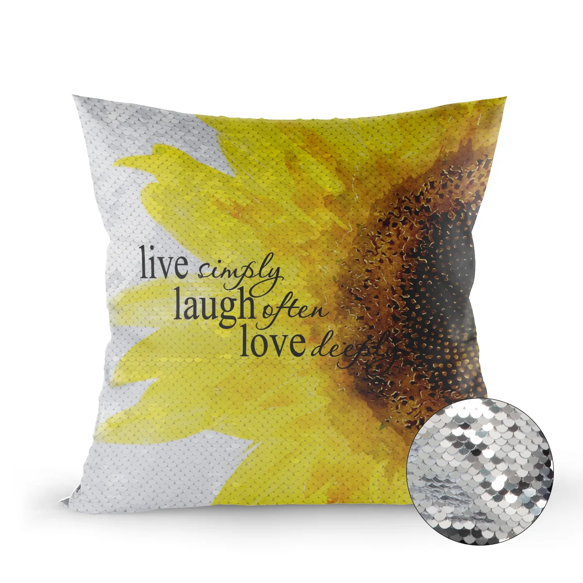Silver Sequins Pillow Case Live Simple Laugh Love Sunflower Print For Kids Room Square Throw Magic Reversible Sequin Pillowcases |