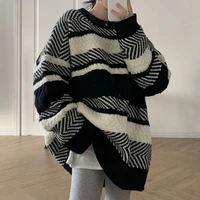 contrast stripe knitted sweater autumn winter women pullover black andwhite striped loose lazy gentle sweet sweater hot sale