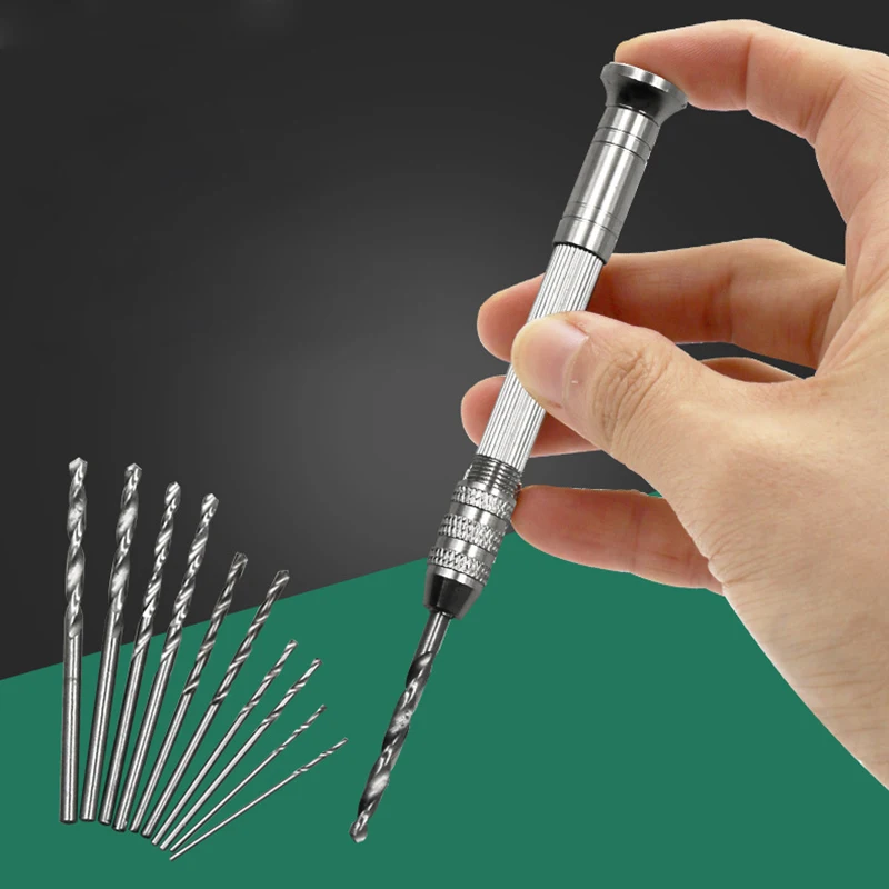 

New Useful Practical 0.7-3mm Hand Drill + 10pcs Twist Drill Set Sliding Drilling Metal Spiral Tool With Drill