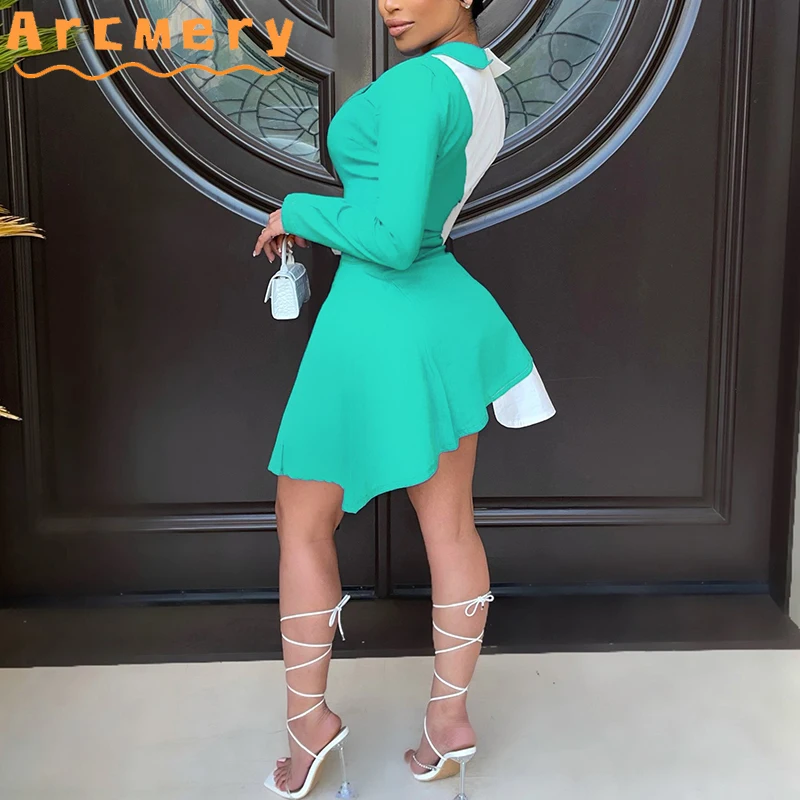 

Women Long Sleeve Color Blocl Button Design Shirt Dress