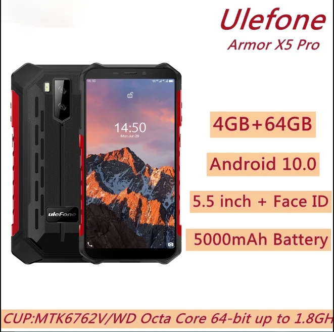 

Ulefone Armor X5 Pro Android 10.0 Rugged Phone 4GB 64GB Face ID 5000mAh 5.5 inch Octa Core 4G Network NFC Smartphone