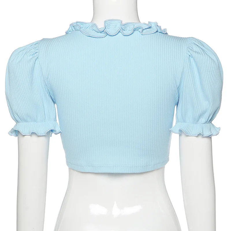 

Summer Sky Blue Ruched Shirts Women Puff Sleeve Crop Tops Sweet Girls Short Tee Shirt With Bow Tie Sexy T-shirt Female
