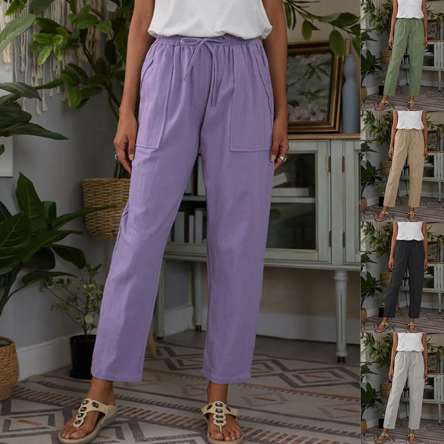 

Women Trousers 2021 Summer Cotton Linen Solid Elastic Waist Loose High Waist Pants Female Straight Pockets Drawstring Long Pants