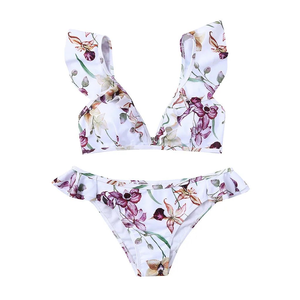 

Sexy Bikinis 2021 Flower Swimwear Women Swimsuit Elegant Halter Beach Wear Push Up Bathing suits Female Splicing Bra Bikini Set
