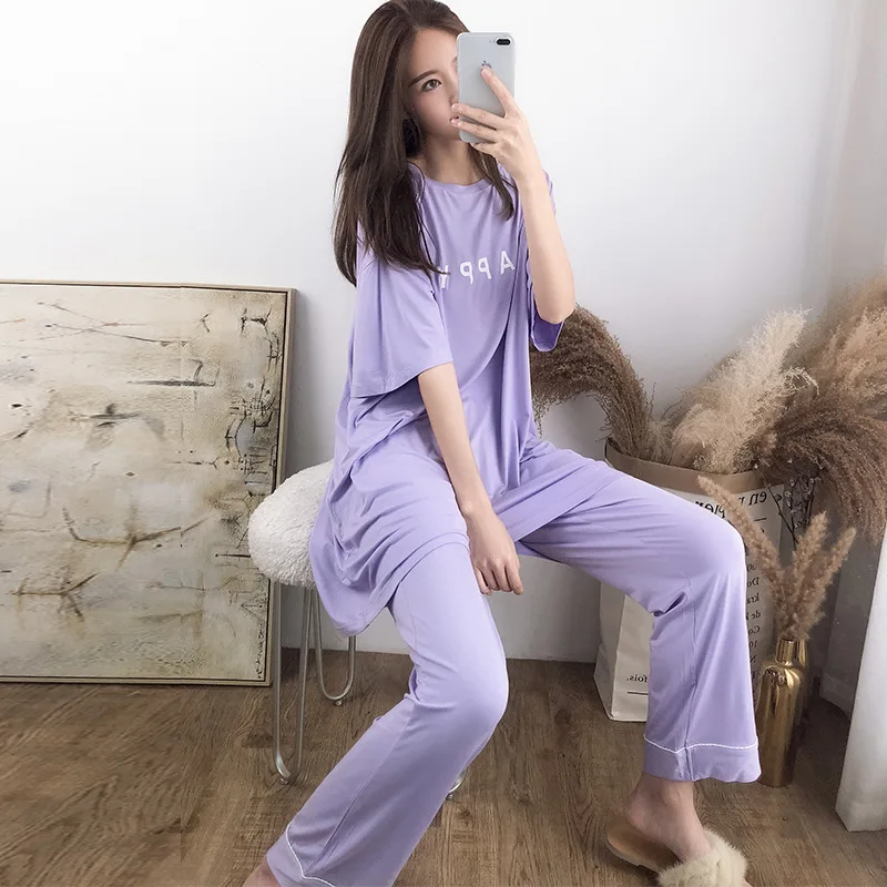 

Female Summer Pajamas Modal Thin Two-piece Short-sleeved Nightdress Trousers Large Size Home Service Suit Can Be Worn Lenceria