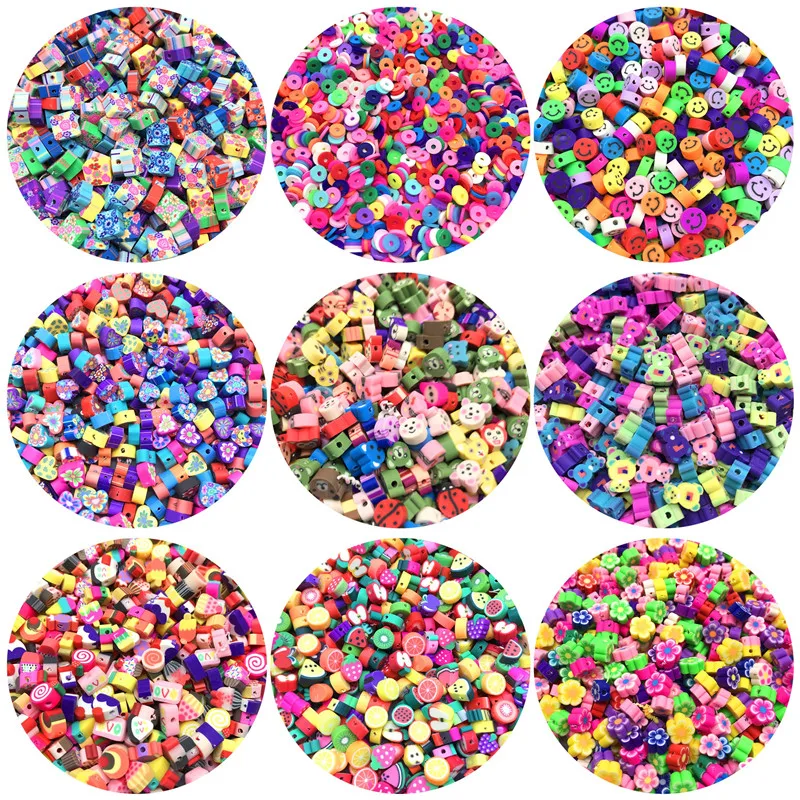 

30pcs 10mm Fruit/Smiley/Animal Printing Beads Polymer Clay Beads Mixed Color Polymer Clay Spacer Beads For Jewelry Making DIY