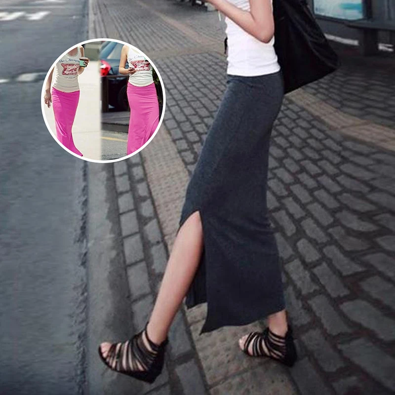 Женская облегающая юбка с разрезом по бокам однотонная Повседневная Длинная