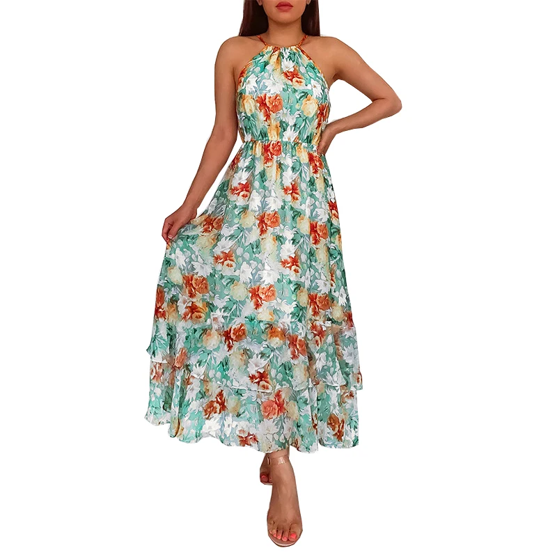 

2021 Summer New Women's Long Skirt Print Sleeveless Dress Dress Elegant Women's High Waist Pullover Temperament Counterparts