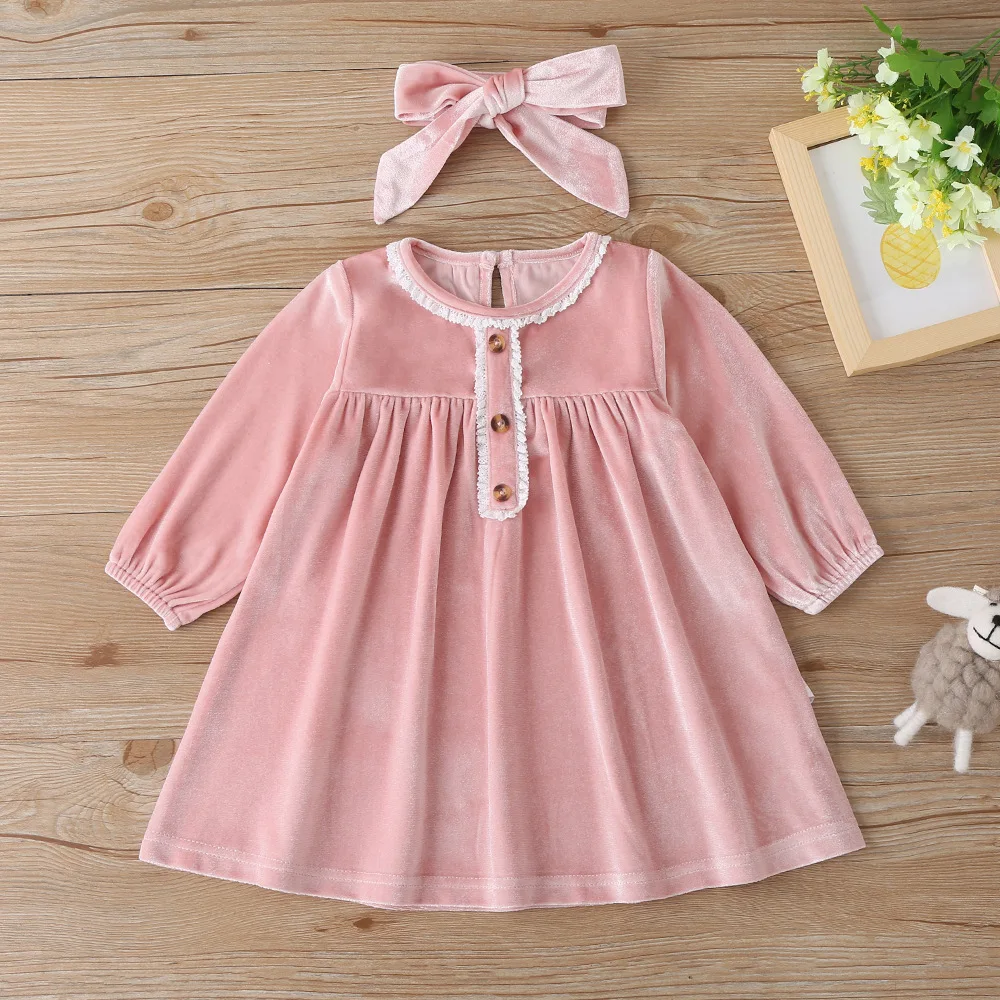 Зима 2020 платье для девочек милое вельветовое с длинными рукавами и розовым