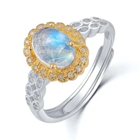 elegant two tone gold plated 925 silver rings rainbow natural moonstone rings for engagement wedding jewelry party ring