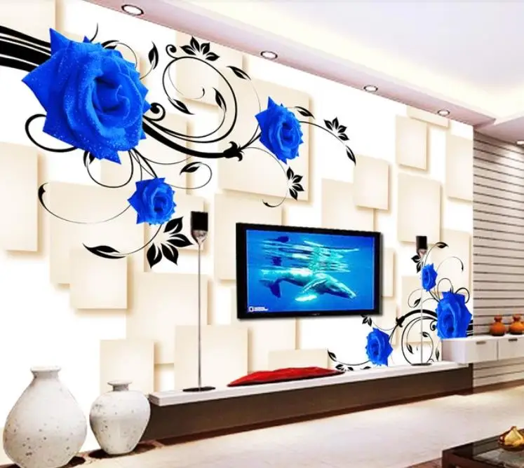 Современное креативное панно с синей розой 3D фотообои на заказ для гостиной