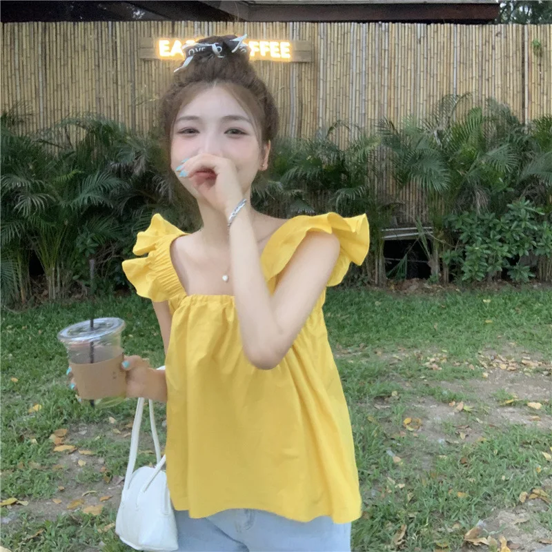 

Women Summer Crop Top Yellow Sweet Ruffle Square Collar Tank Tops for Women Tees Ins Loose Casual Sleeveless Top Women