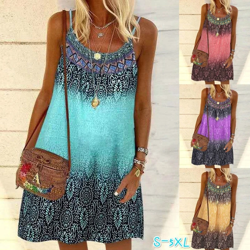 

Women Bohemian Dress Summer Loose Printed Sleeveless Sundress Ladies Beach Vestidos Plus Size A-Line Spaghetti Strap Mini Dress