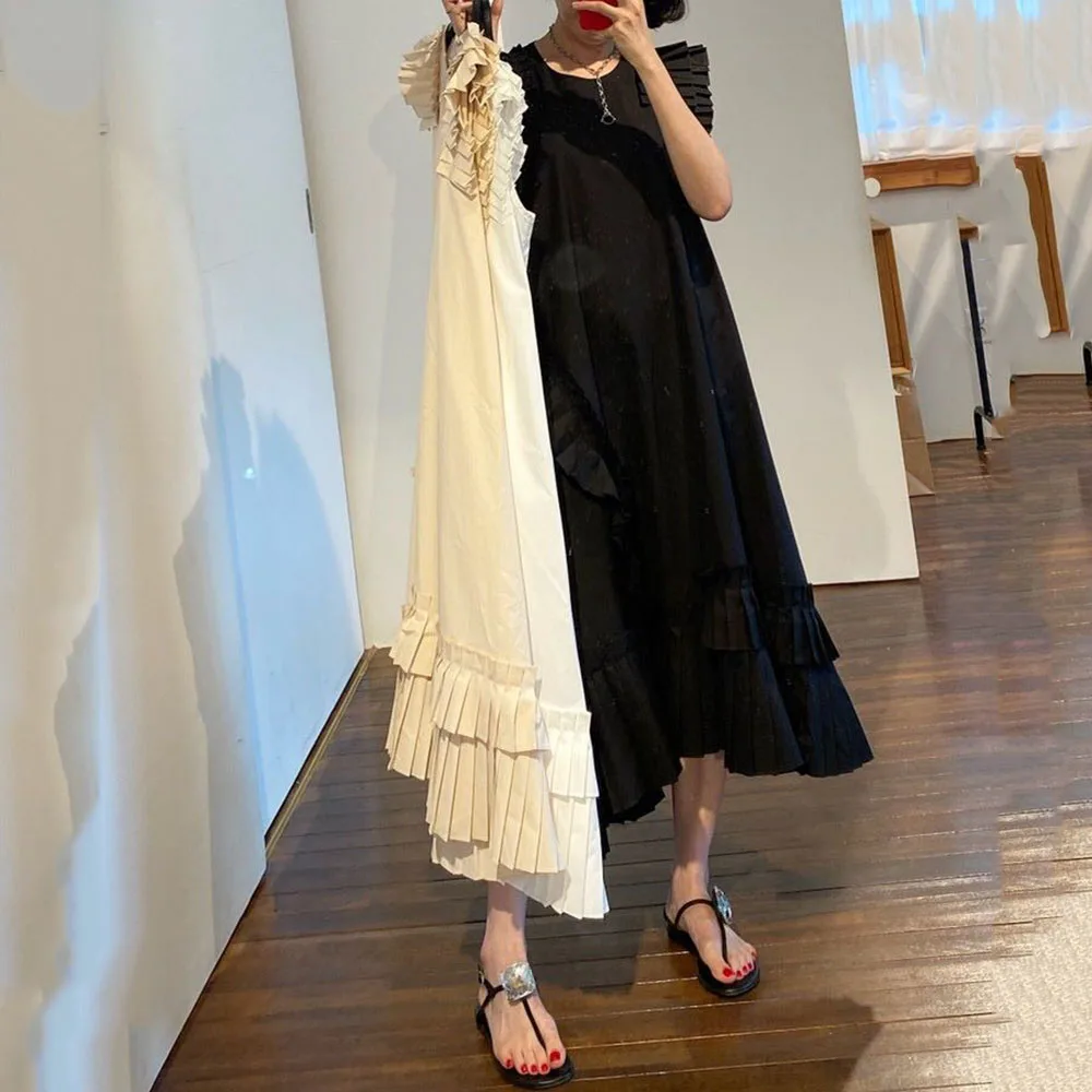 Корейский шик темперамент дизайн давление плиссированные шить круглый вырез