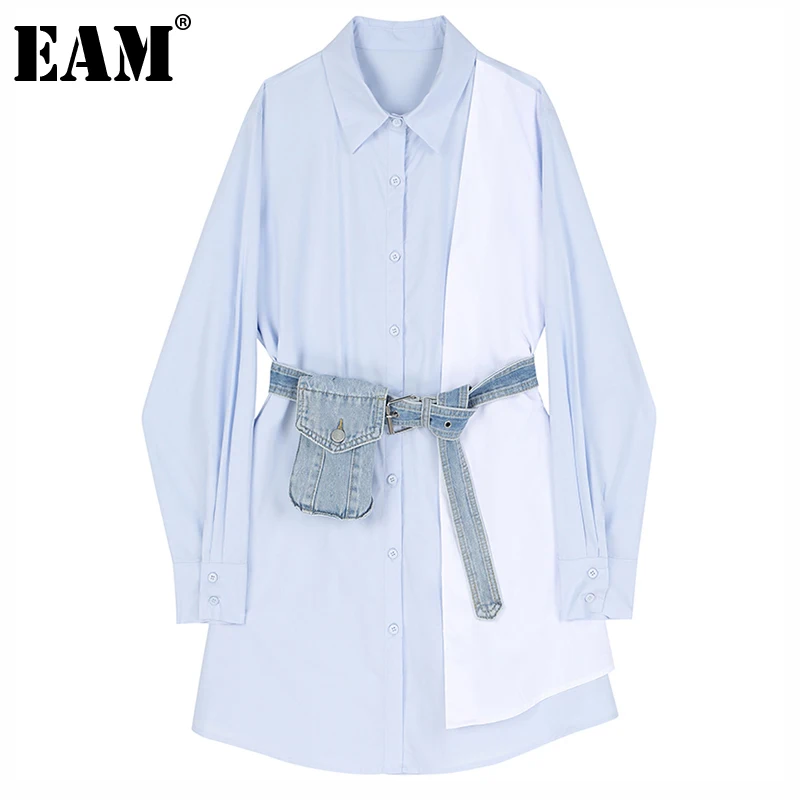 

[EAM] Women Blue Denim Belted Big Size Shirt Dress New Lapel Long Sleeve Loose Fit Fashion Tide Spring Autumn 2021 1DE3452
