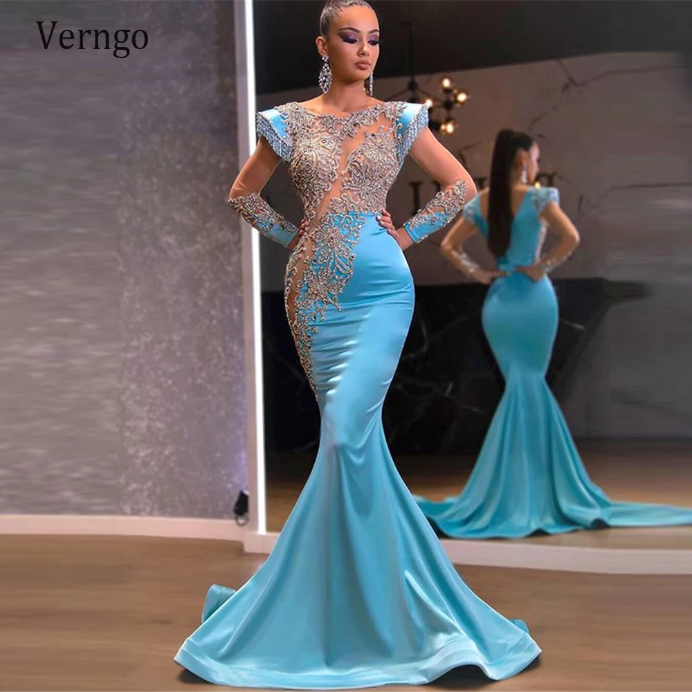 

Verngo Luxury Dubai Women Mermaid Evening Dresses Long Sleeves Lace Tassel Beads Cape Prom Gowns Floor Length Custom Made