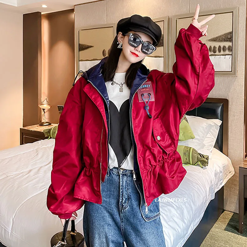 

Colorful Fake two-piece hooded White/Red/Black Coat Women Ins Spring Autumn 2021 New Matching Baseball Uniform Fashion Trench