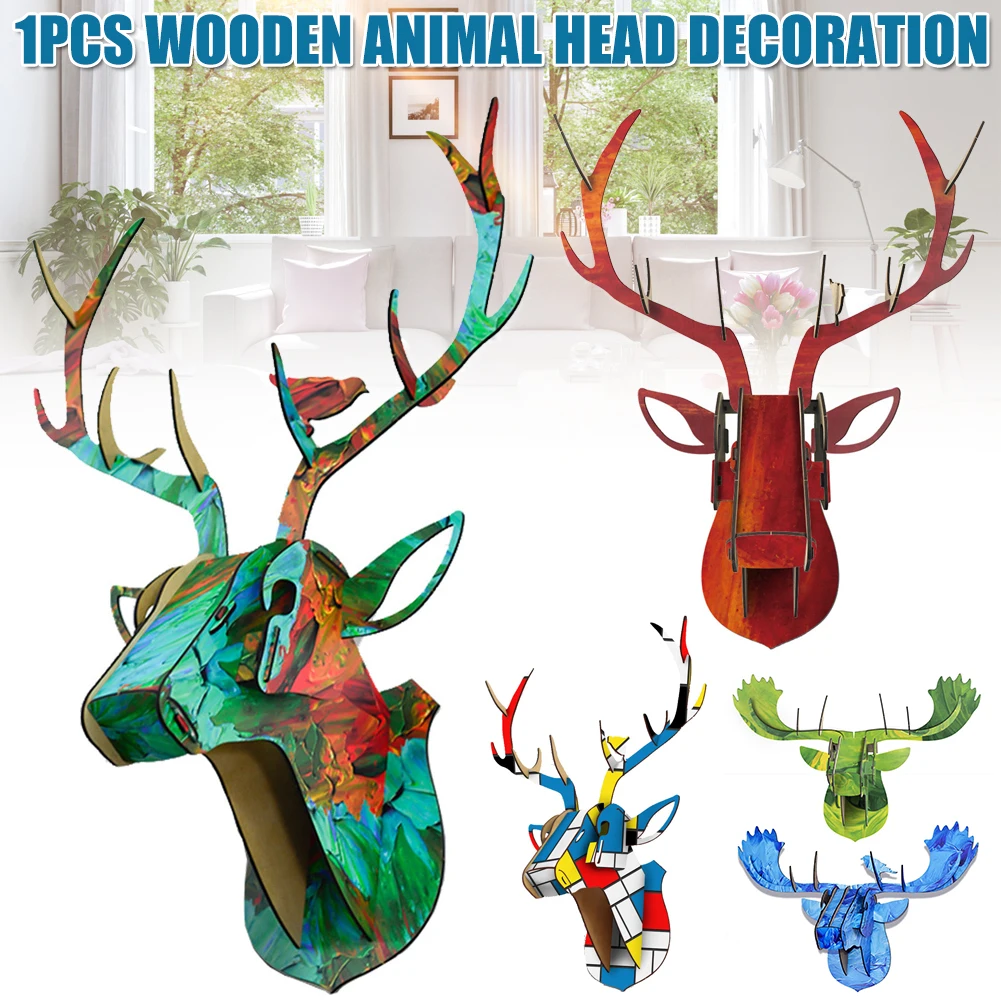 

3D Animal Head Wood Statue Handicraft Assemble Sculptures Home Decoration Accessories Hanging Statues Wall Decor LAD-sal