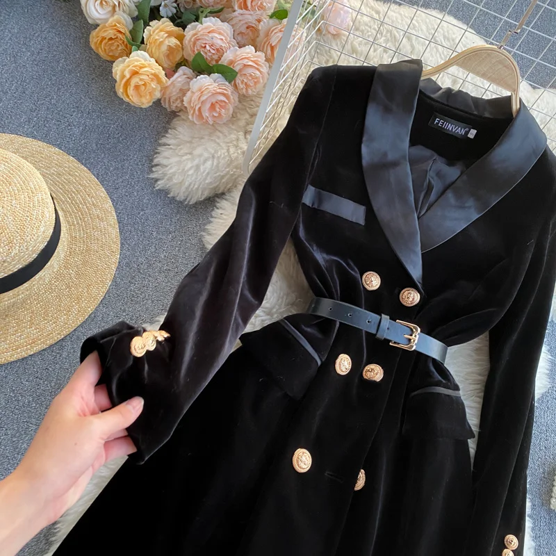 

Blazer Coat Women Velvet Suit Jacket Winter Double Breasted Long Sleeve Ladies Black Blazer Belt Women Slim Suit Blazer Outwear