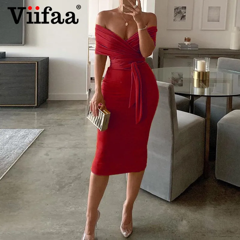 Женское вечернее облегающее платье Viifaa красное эластичное миди с открытыми
