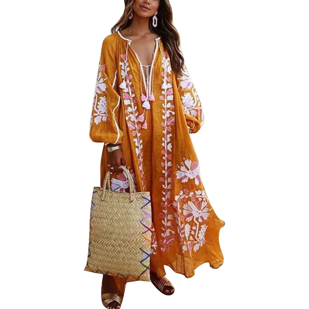 

Fashion Long Dress Autumn Bohemian Printed Dress Women Vintage Deep V Neck Loose Casual