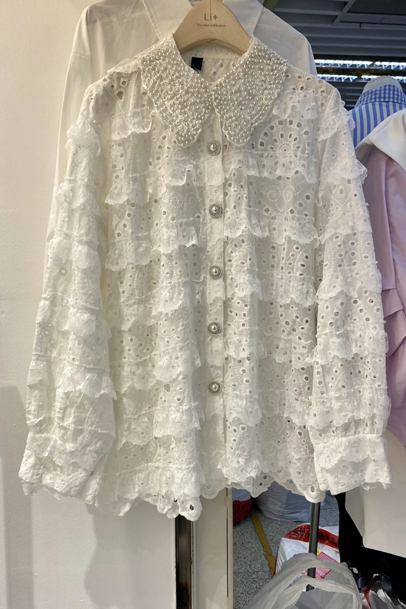 

Spring Kawaii Girl Sweet Beaded Peter Pan Collar Lace Ruffled Stitching White Shirt Women Long Sleeve Hollow Out Blouse Top