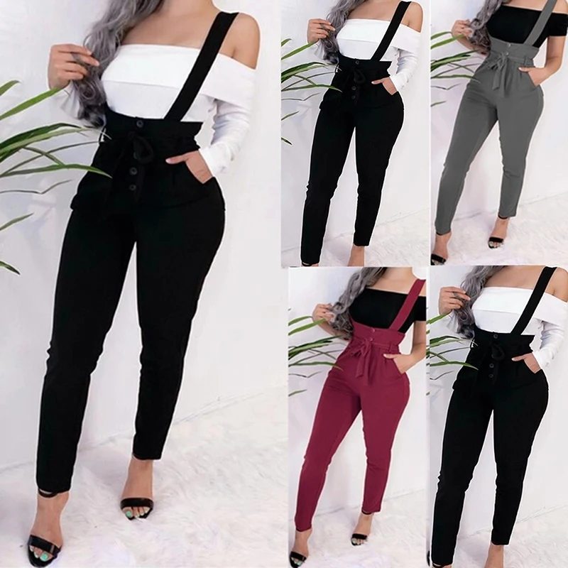

Women Jumpsuits High Waist Buttons ruffles Long Trousers Fashion Skinny Lady Black Strap Pencil Pants Female Jumpsuits