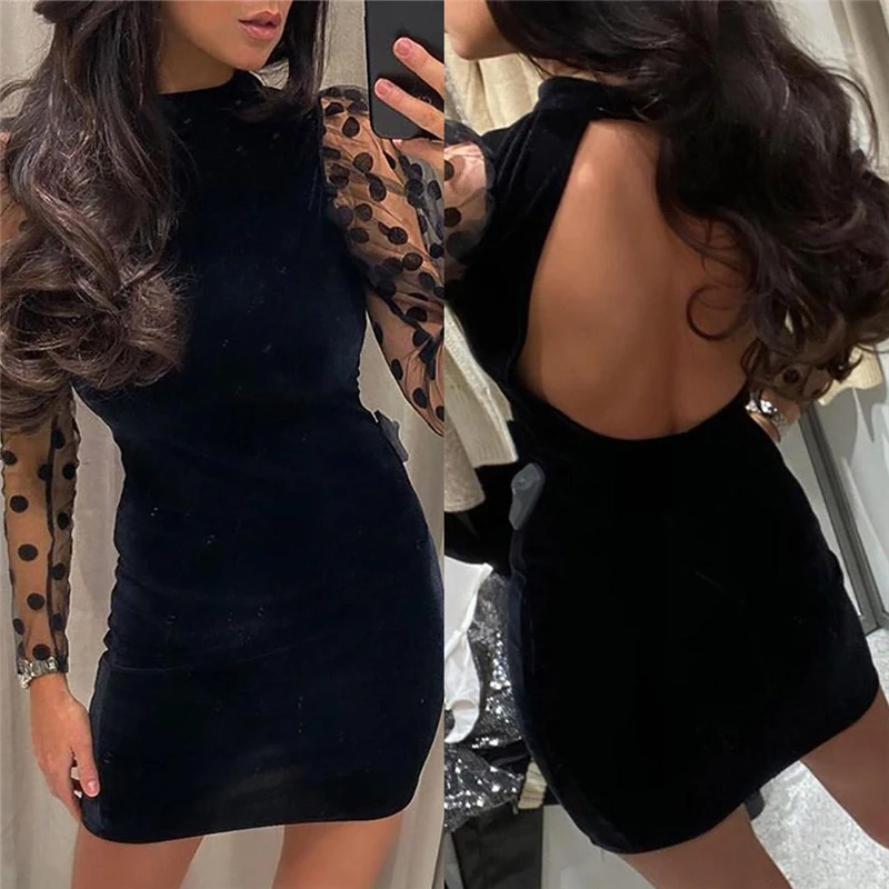 Пикантное осеннее женское Прозрачное мини платье с длинным рукавом винтажное