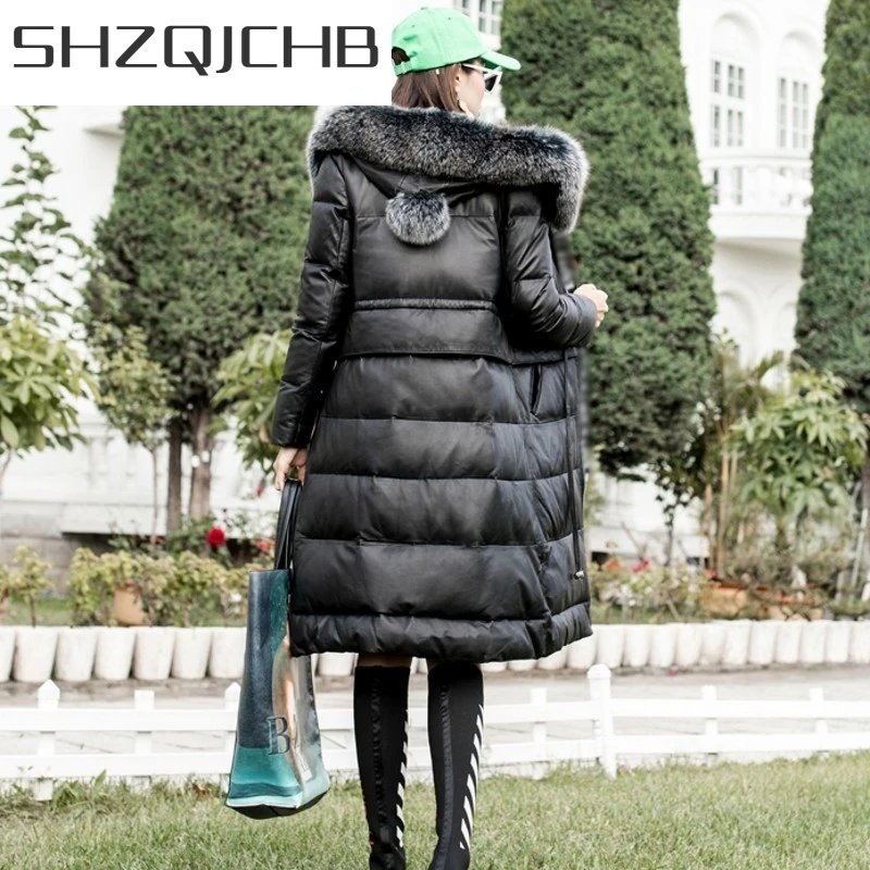 

JCHB 2021 Sheepskin Genuine Leather Drawstring Waist Womens Slim Down Coats Winter Warm Fox Fur Collar Female Medium Length Hood