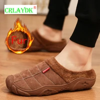 crlaydk 2021 winter keep warm mens house cotton slippers fur lined suede fuzzy plush shoes indoor anti slip plus size slides
