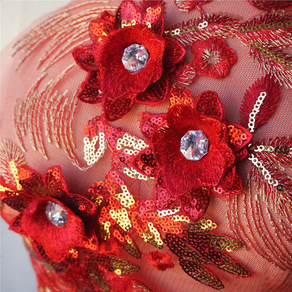 Красная кружевная ткань с 3D цветами вышитая золотыми блестками аппликация для
