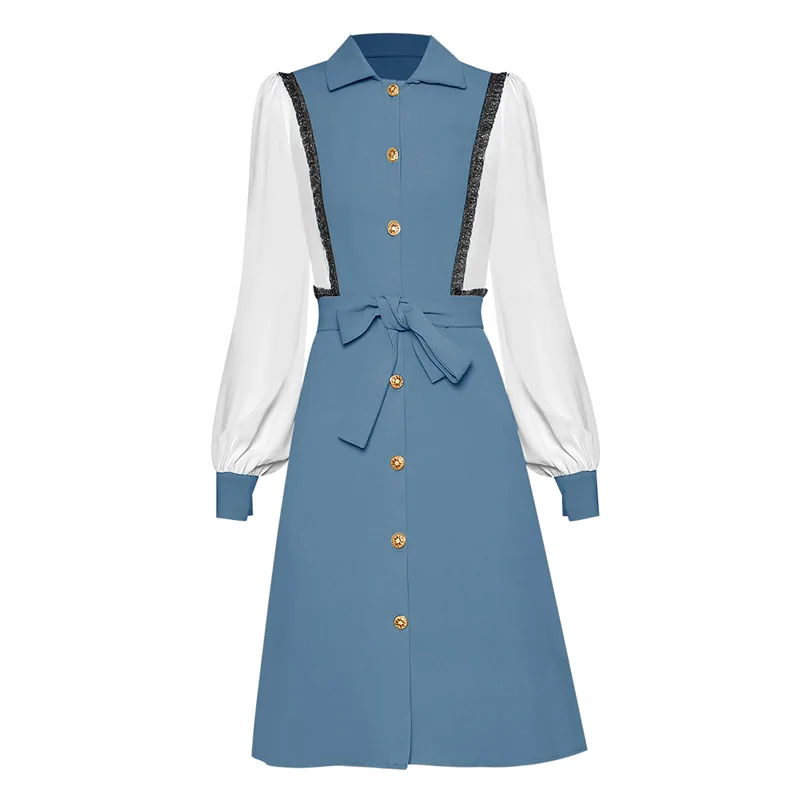 

Black / Blue / Yellow Patchwork Women Splicing Dress Turn-Down Collar Lantern Sleeve Sash Belt A-Line Button Dress