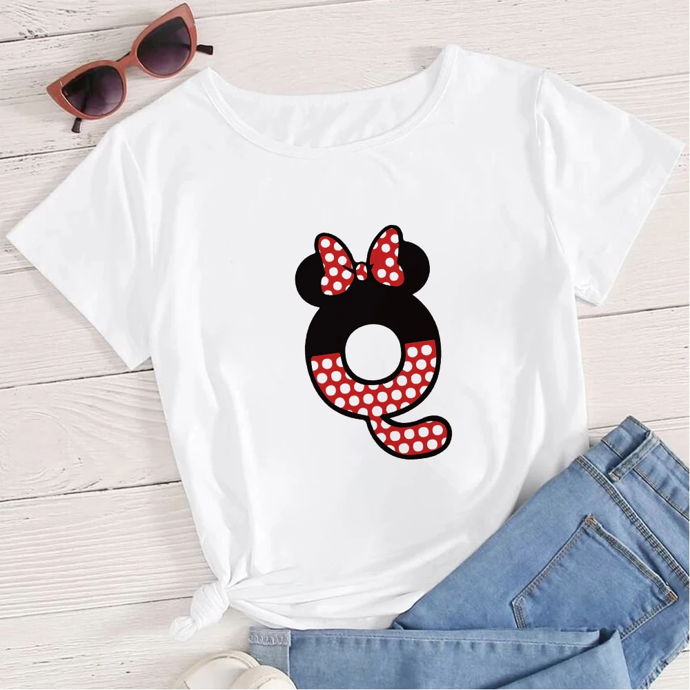 

Disney Aesthetic Women T Shirt Cartoon O-Neck T-shirt Trendy Mickey Letter R Graphic Short Sleeve Versatile Funny Tshirt